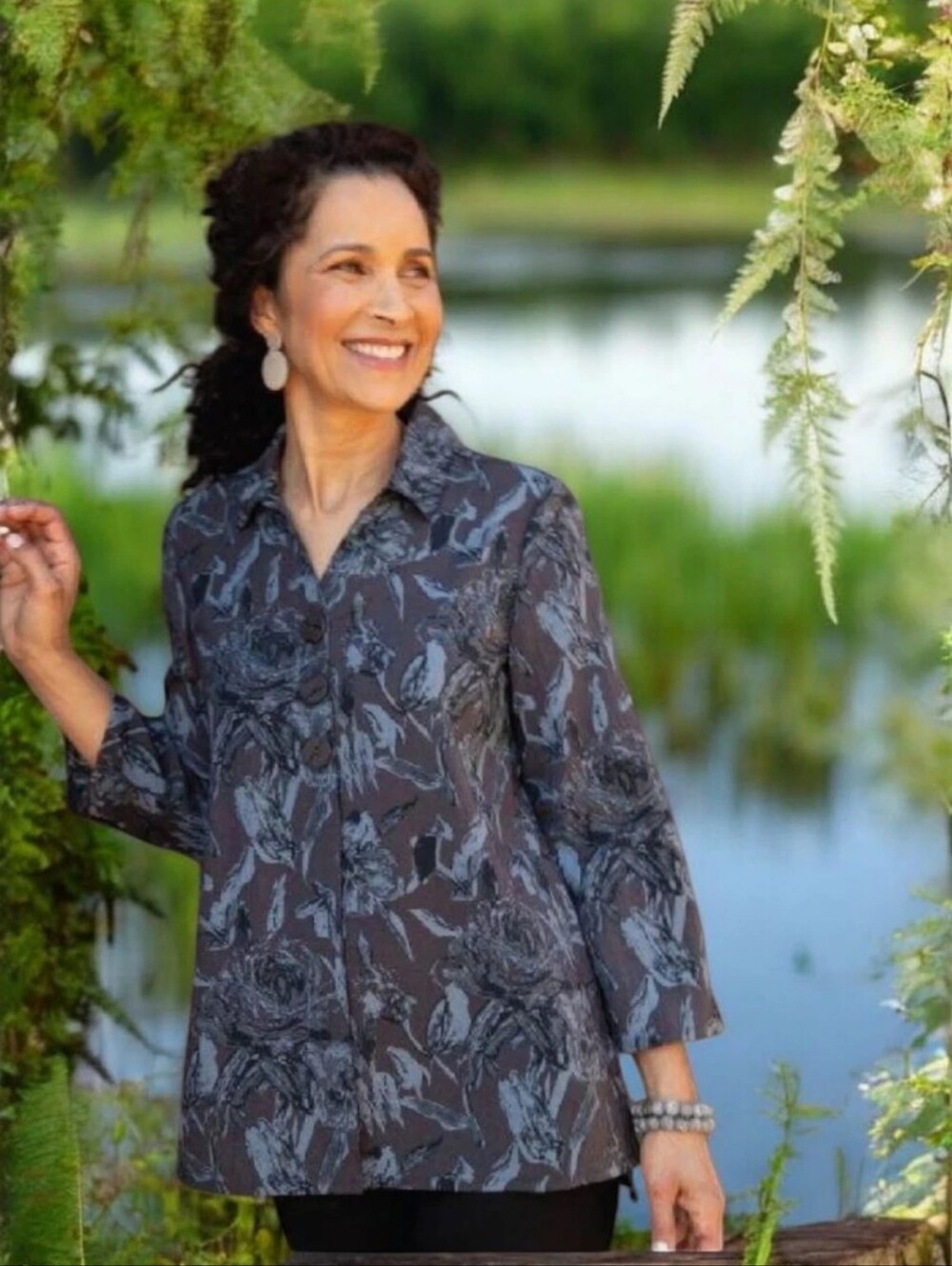 Habitat Floral Print Button-Front Linen Blend Top in Charcoal Gray NWOT